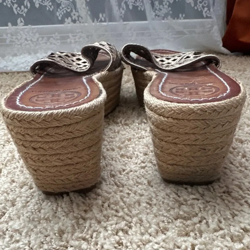 Tory Burch Metallic Gold Leather Espadrille‎ Wedge Sandals Size 8.5